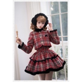 Red Tea Mocha Tweed Check Kawaii JSK Outfit by Withpuji (Wj206)