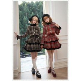 Red Tea Mocha Tweed Check Kawaii JSK Outfit by Withpuji (Wj206)