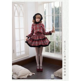 Red Tea Mocha Tweed Check Kawaii JSK Outfit by Withpuji (Wj206)