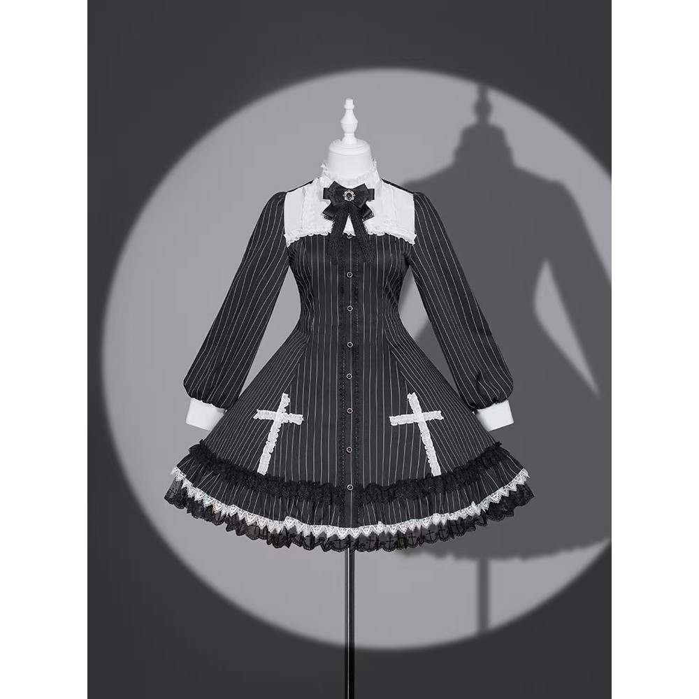 white christmas dresses White Cross Ribbon Gothic Long Sleeve Dress – ロリータファッション通販RonRon main image 0