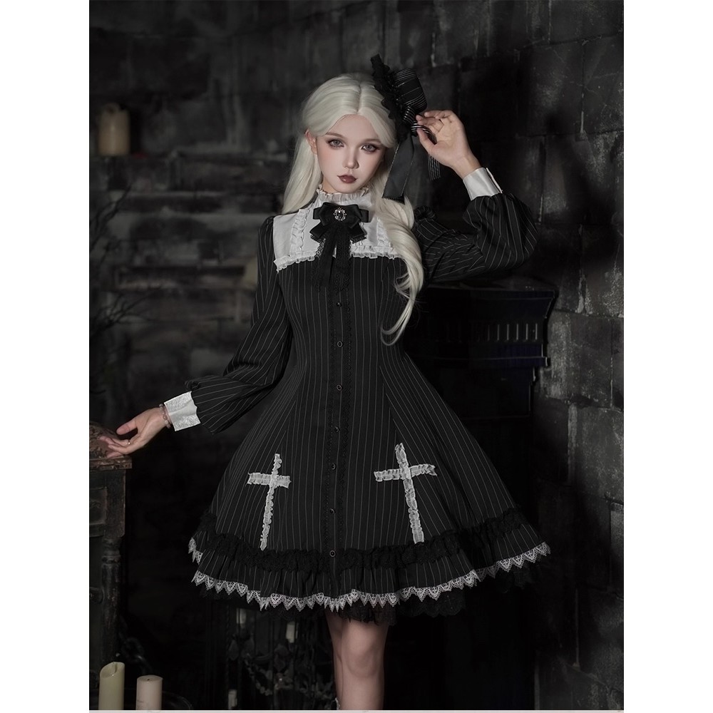 Gothic Striped Cross Lolita Dress OP by Black Shamrock (BSR01)