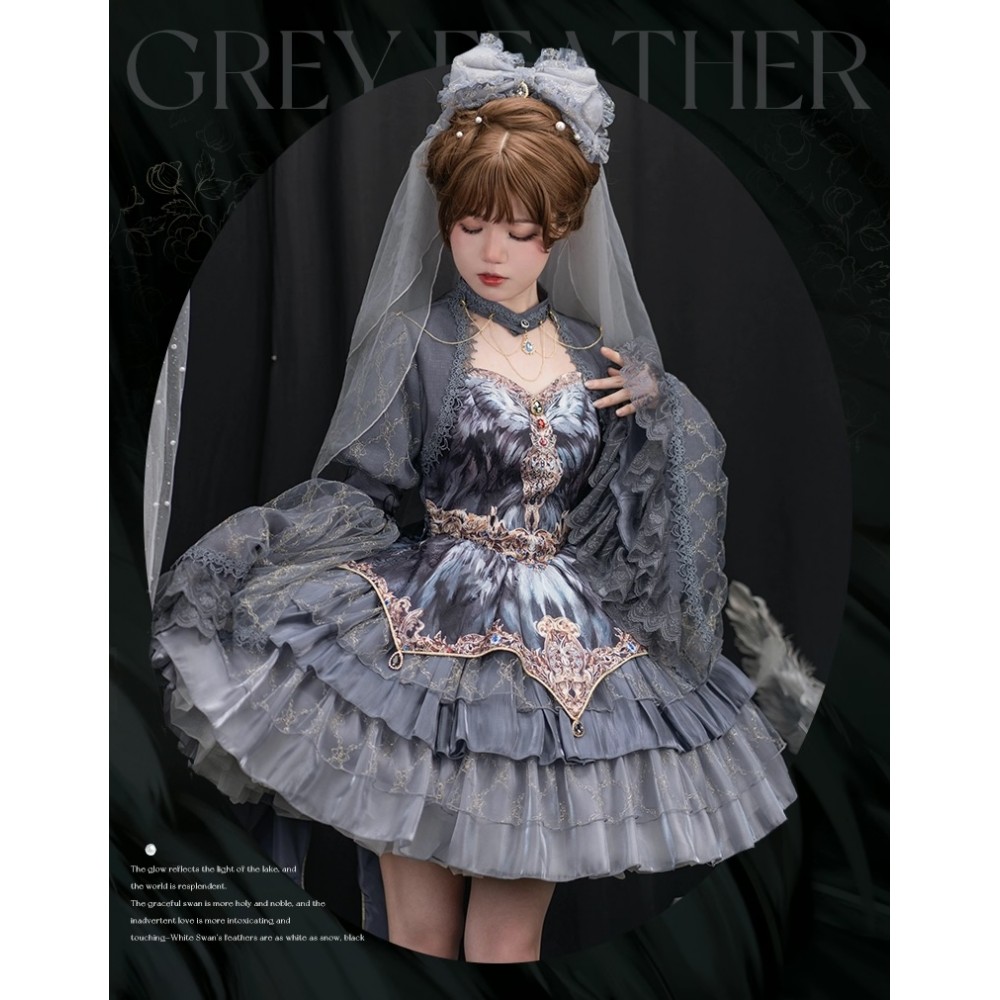 SALE! Swan Lake Grey Feather Lolita Dress JSK + Bolero + Sleeves 3pc Set Outfit SIZE L by Urtto (SALEA)