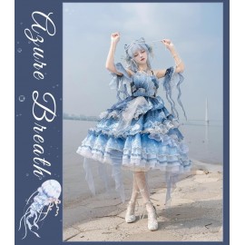 Blue Breath Jellyfish Gradient Classic Lolita Dress JSK 3pc Set by YingLuoFu (YLF09)
