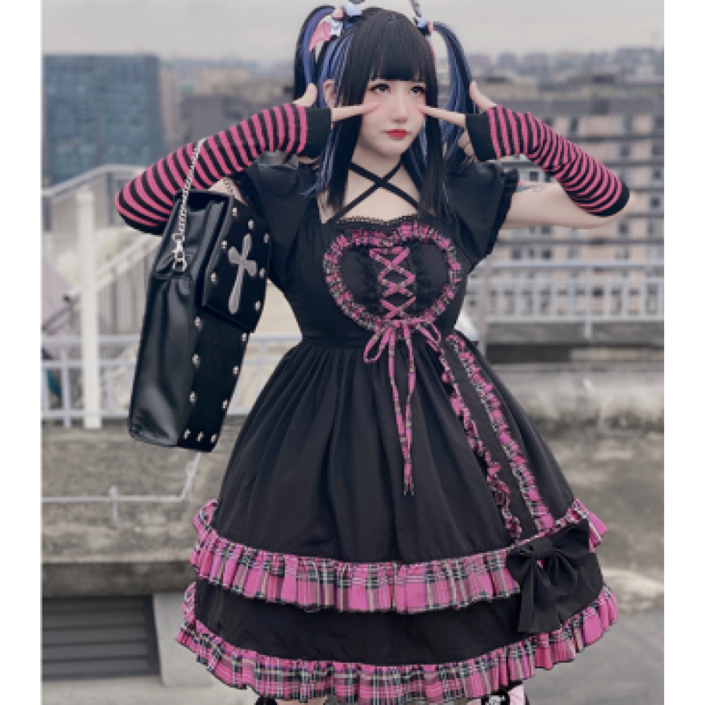 Diamond Honey Black X Pink Checked Puff Sleeve Lolita Dress OP (DH264)
