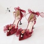 Burgundy Lace Lolita High Heels Shoes (LG42)