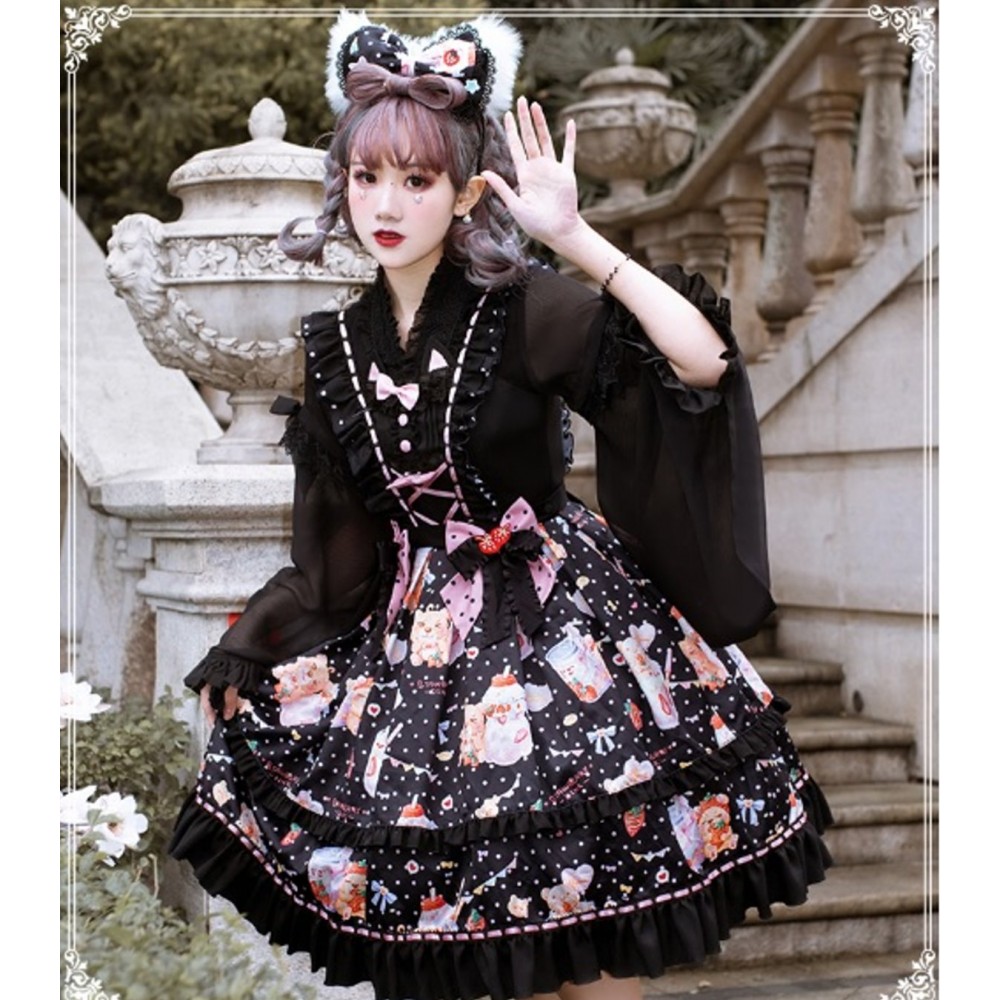 Strawberry Milkshake Lolita Dress JSK + KC Set by YingLuoFu (SF07)