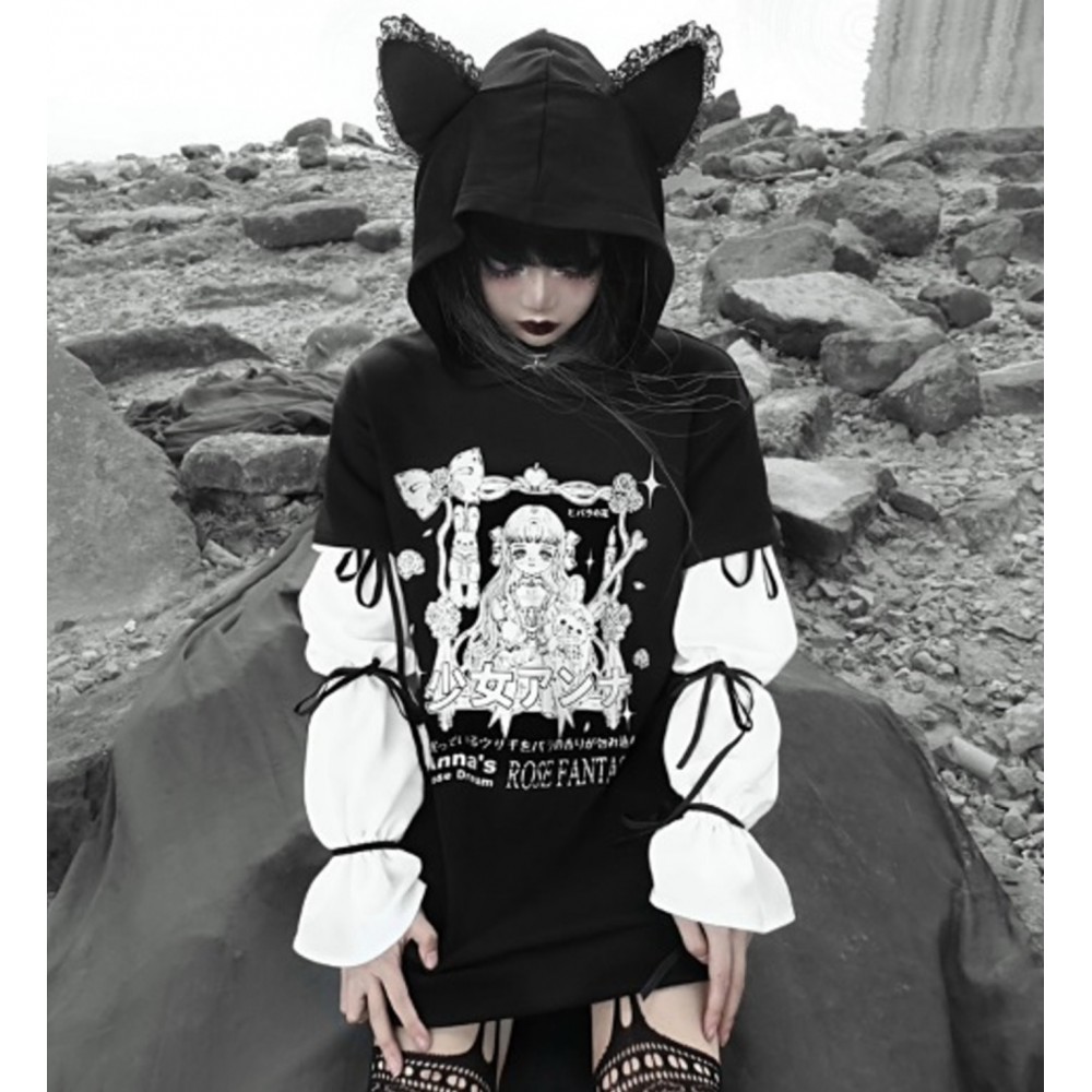 Cat Ear Gothic Printed Hoodie by Blood Supply (BSY70)