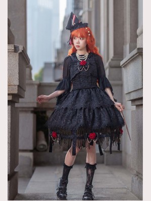 Elven Rabbit~Gothic Lolita Dress Black Cat Witch Op and SK Suit M / Extension Sleeve Op Only